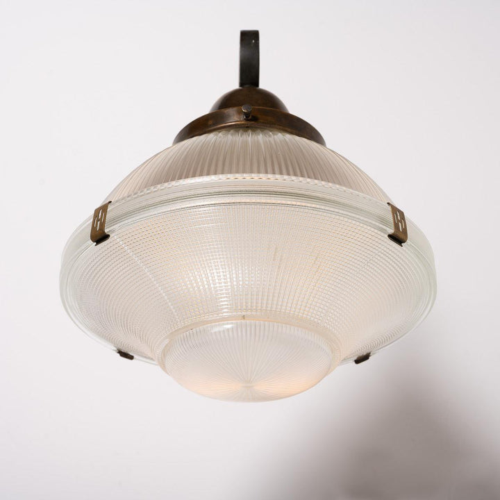 Rare XL Three Part Holophane Light Fitting with Cast Brass Scrolled Wall Bracket