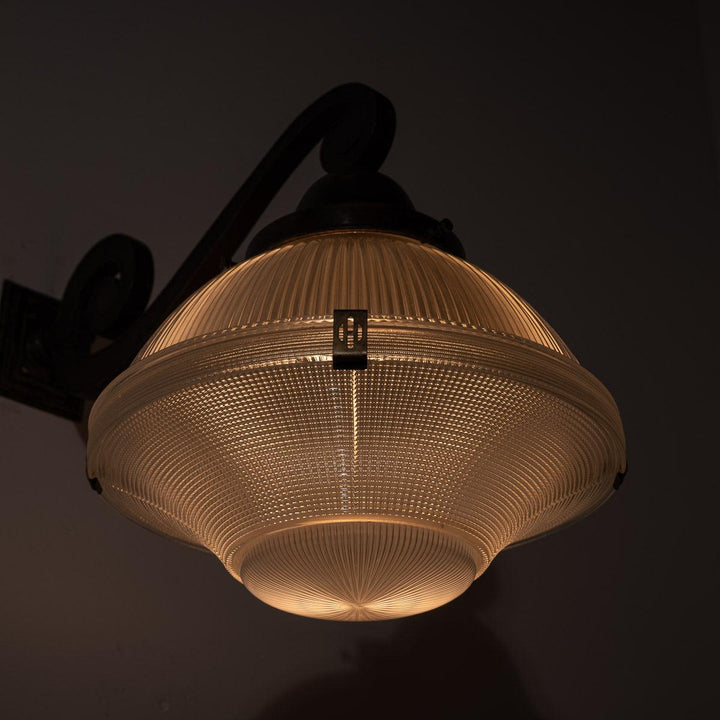 Rare XL Three Part Holophane Light Fitting with Cast Brass Scrolled Wall Bracket