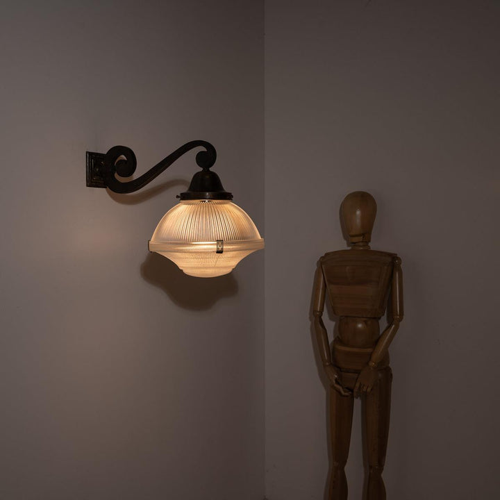 Rare XL Three Part Holophane Light Fitting with Cast Brass Scrolled Wall Bracket