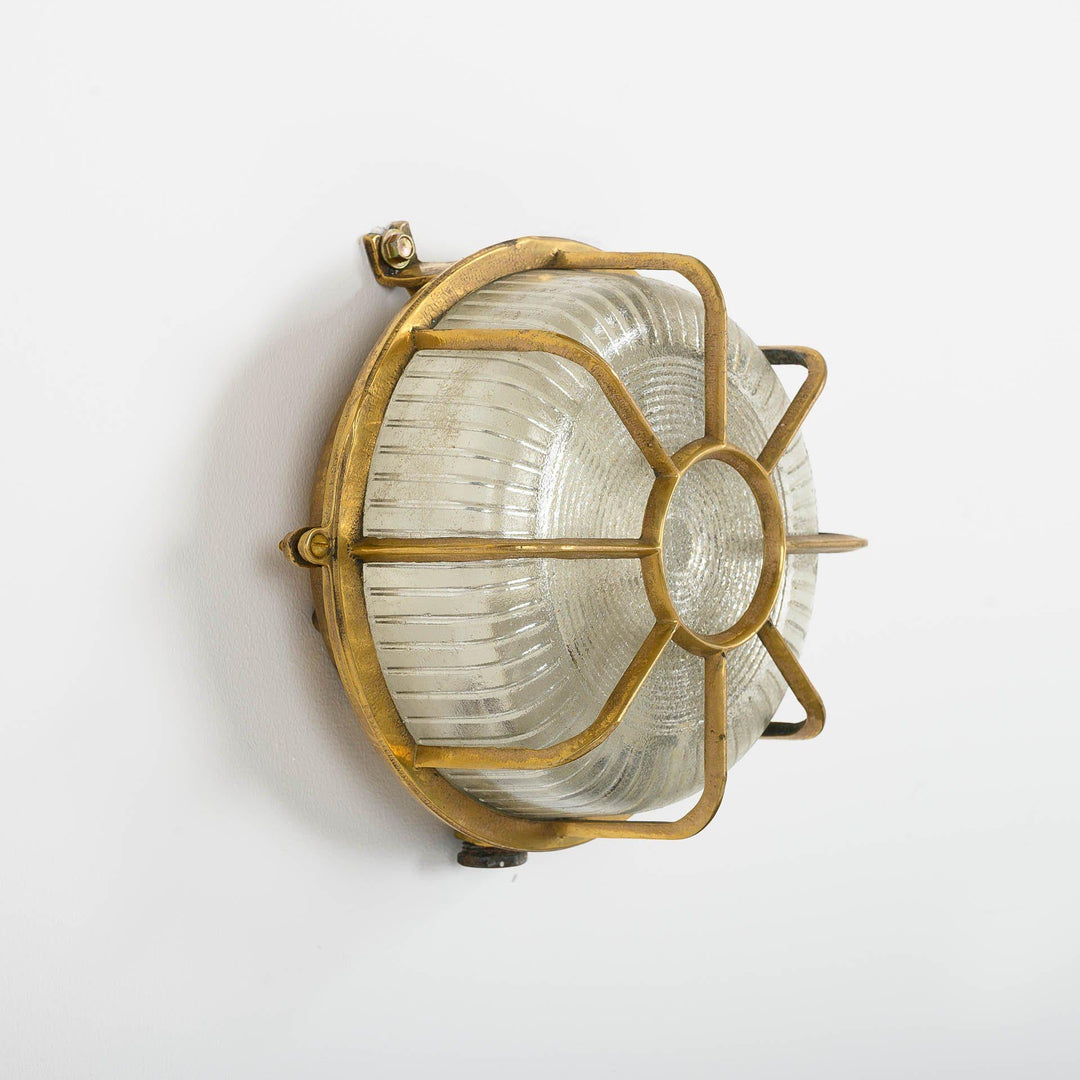 Reclaimed Circular Brass Ship Bulkhead Lights with Prismatic Glass