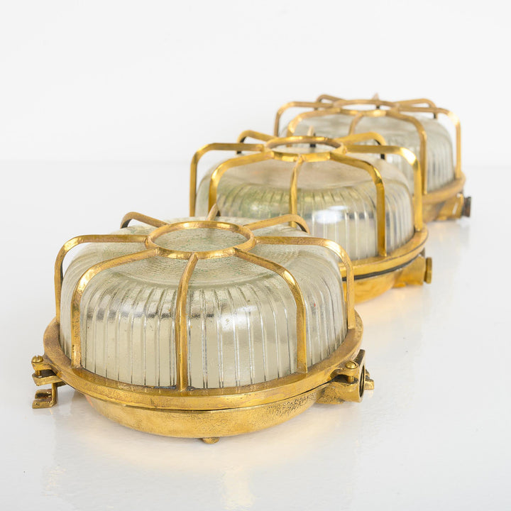 Reclaimed Circular Brass Ship Bulkhead Lights with Prismatic Glass