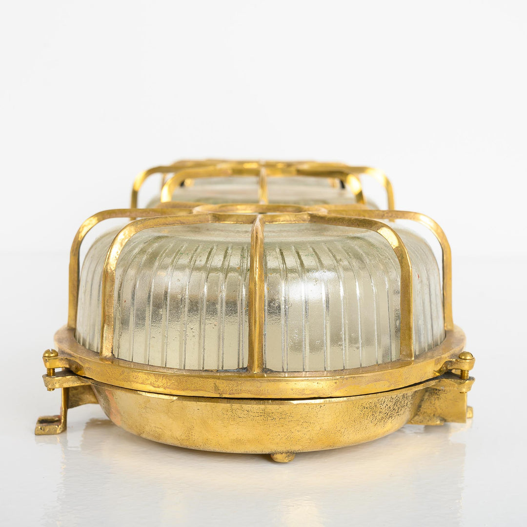 Reclaimed Circular Brass Ship Bulkhead Lights with Prismatic Glass