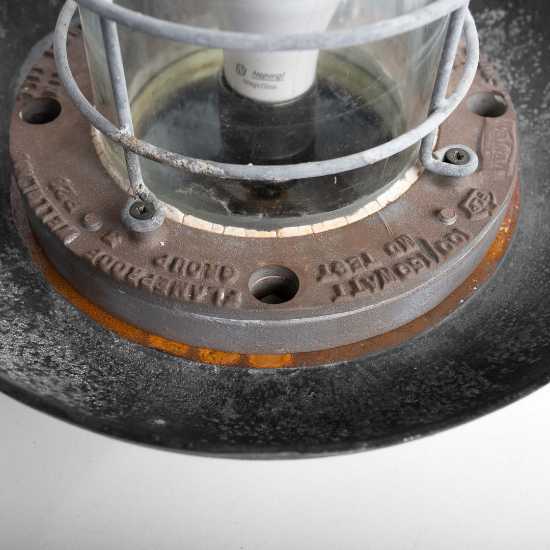 Reclaimed Heavy Cast Iron Industrial Flameproof Well Glass Pendant Lights by Walsall Conduits Ltd