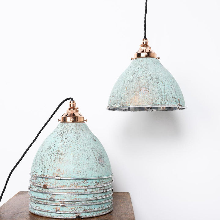 Reclaimed Industrial Holophane Verdigris Coppered Spun Aluminium Pendant Lights