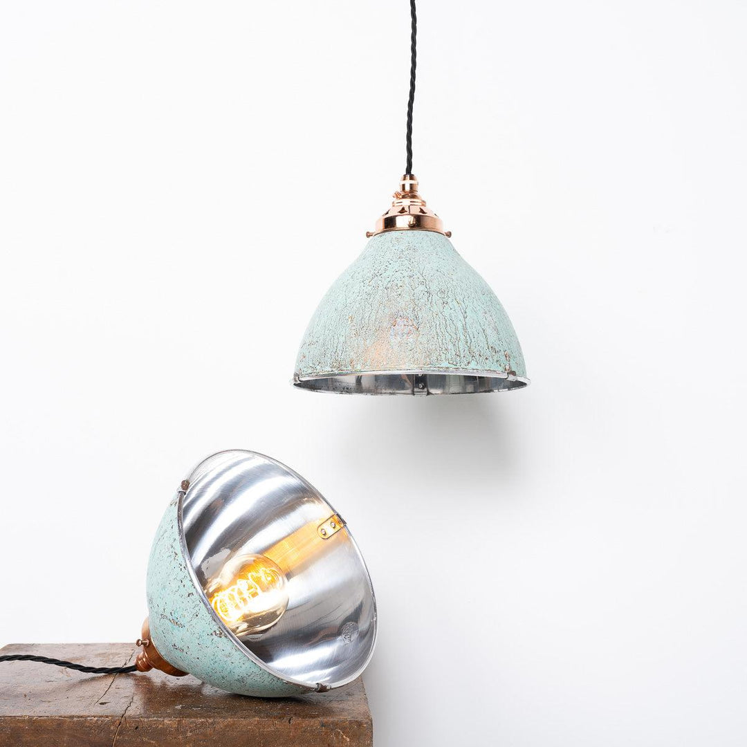 Reclaimed Industrial Holophane Verdigris Coppered Spun Aluminium Pendant Lights