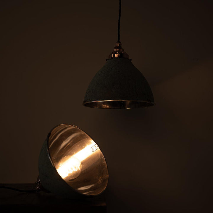 Reclaimed Industrial Holophane Verdigris Coppered Spun Aluminium Pendant Lights