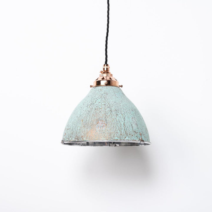 Reclaimed Industrial Holophane Verdigris Coppered Spun Aluminium Pendant Lights