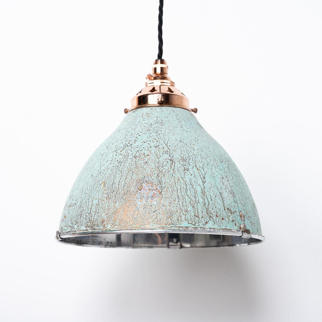 Reclaimed Industrial Holophane Verdigris Coppered Spun Aluminium Pendant Lights