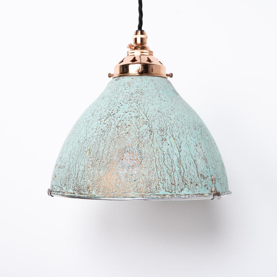 Reclaimed Industrial Holophane Verdigris Coppered Spun Aluminium Pendant Lights