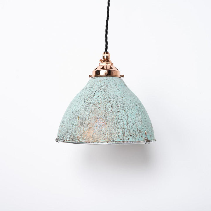 Reclaimed Industrial Holophane Verdigris Coppered Spun Aluminium Pendant Lights