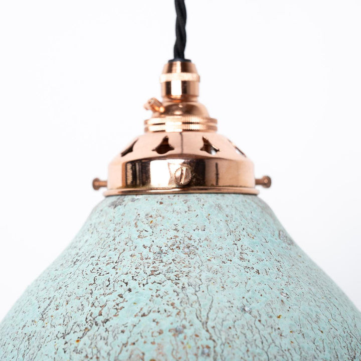 Reclaimed Industrial Holophane Verdigris Coppered Spun Aluminium Pendant Lights