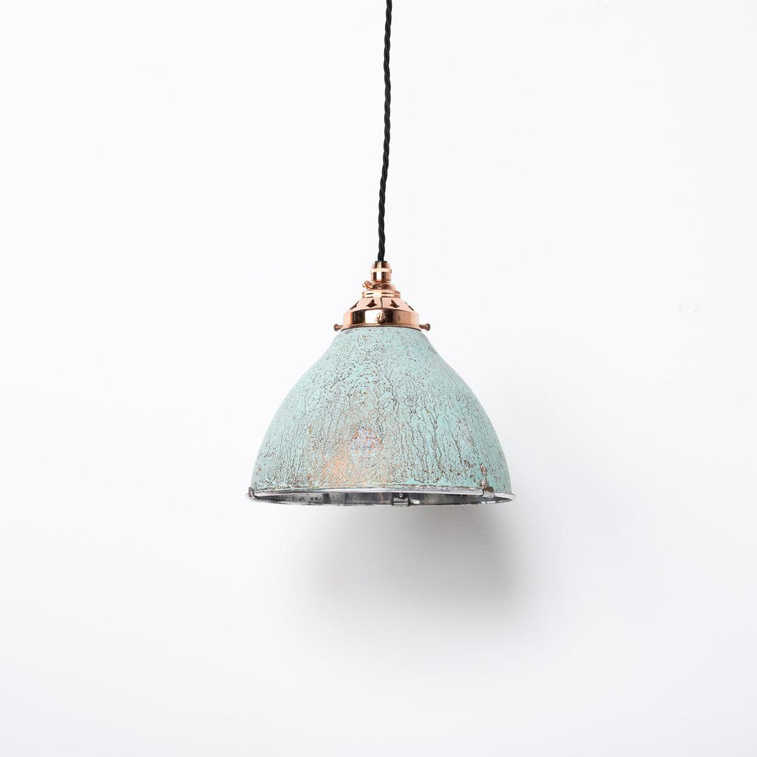 Reclaimed Industrial Holophane Verdigris Coppered Spun Aluminium Pendant Lights