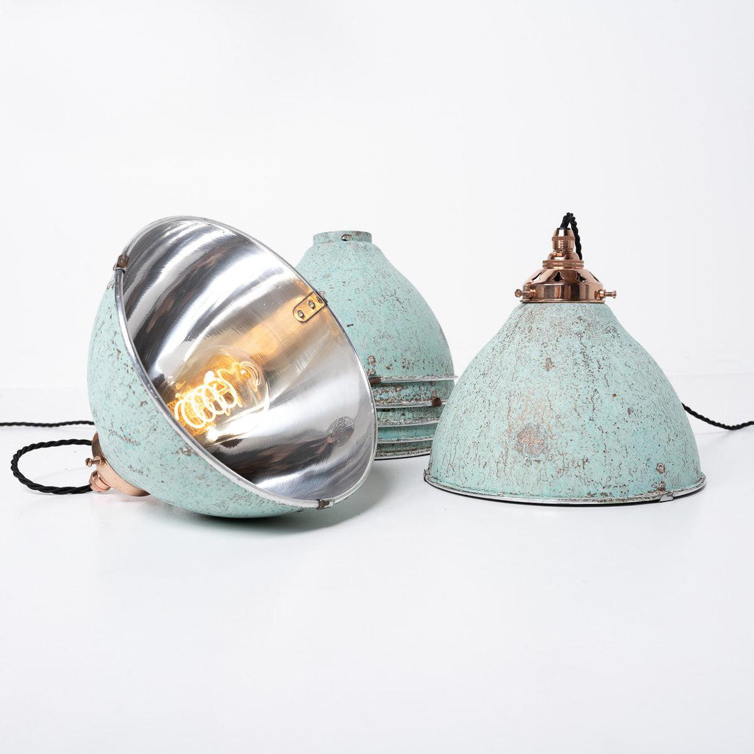 Reclaimed Industrial Holophane Verdigris Coppered Spun Aluminium Pendant Lights