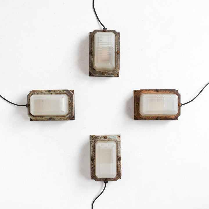 Reclaimed MOD Cast Iron & Prismatic Glass Bulkhead Wall Lights by Holophane