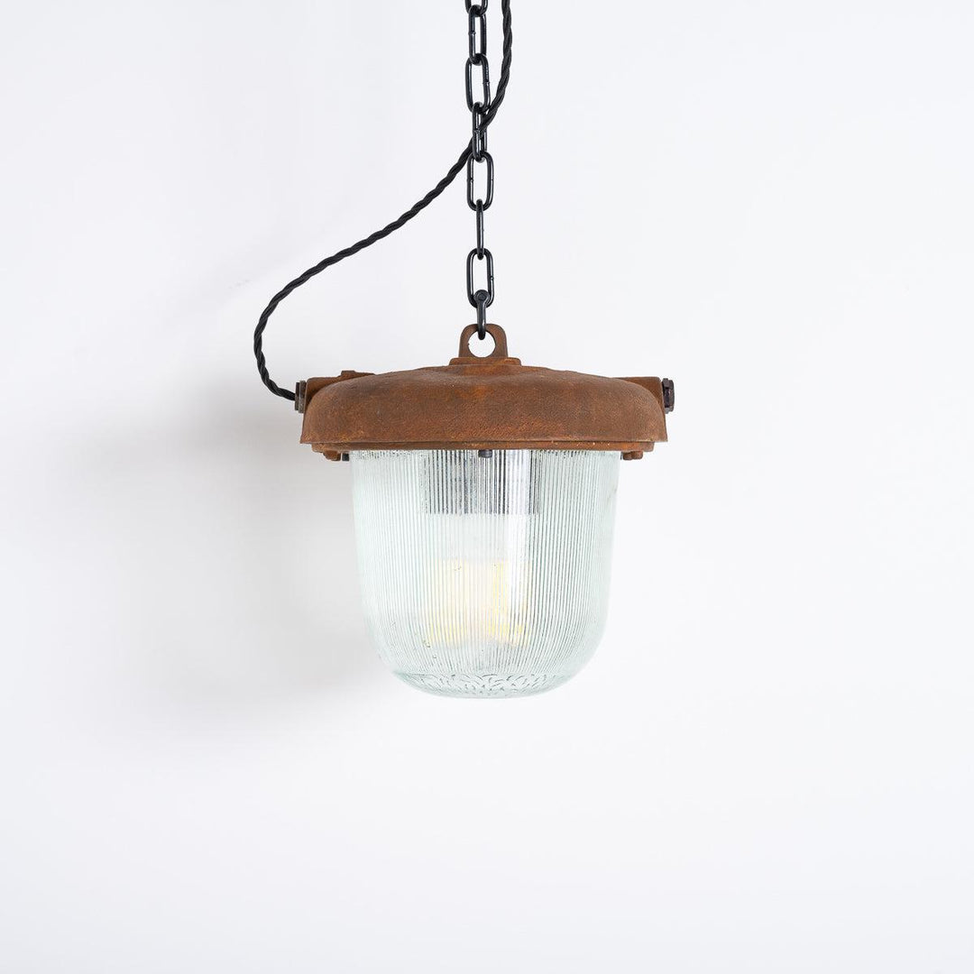 Reclaimed Rusted Polish Industrial Pendant Lights with Prismatic Glass