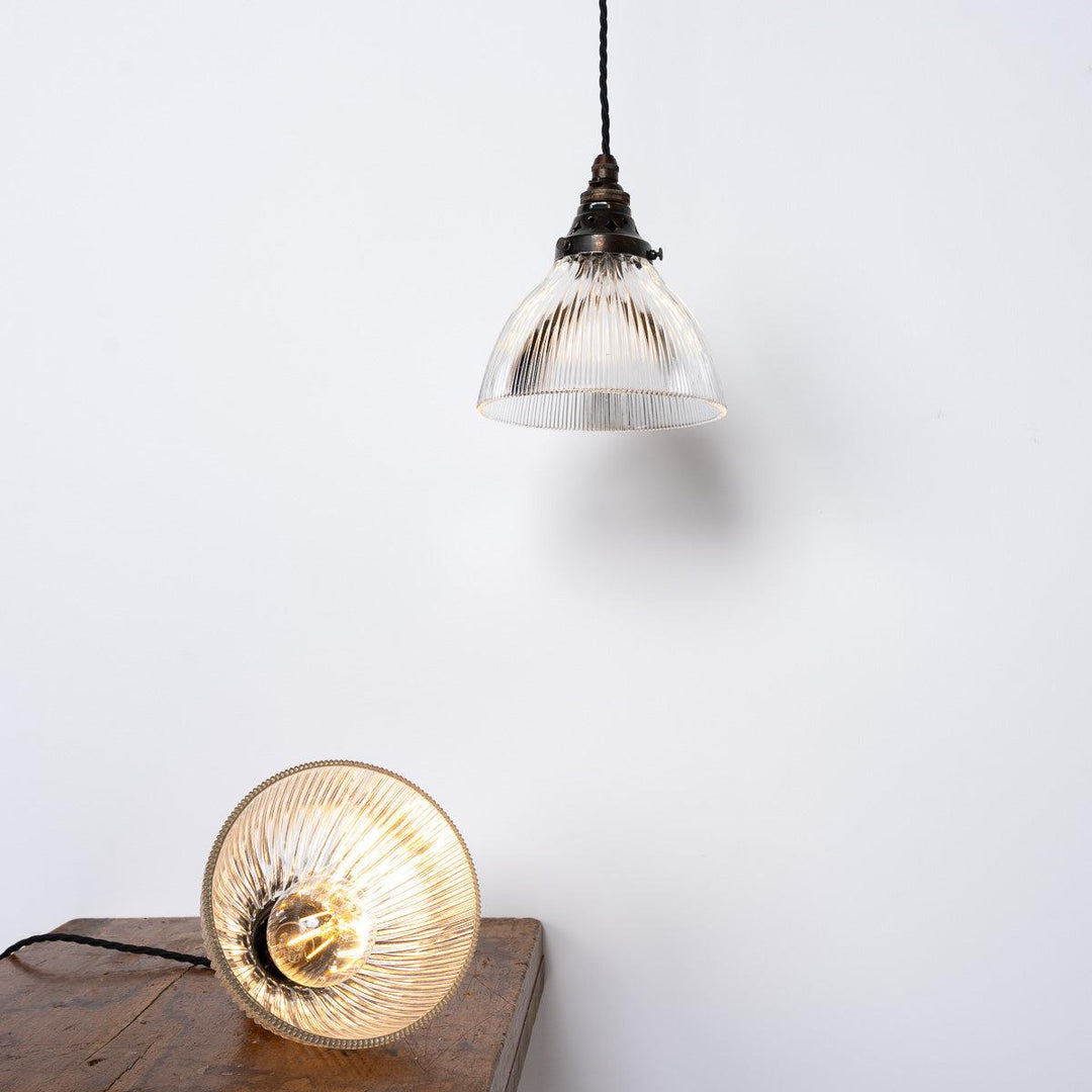 Reclaimed Small Antique Chapel Glass & Brass Pendant Lights by Holophane