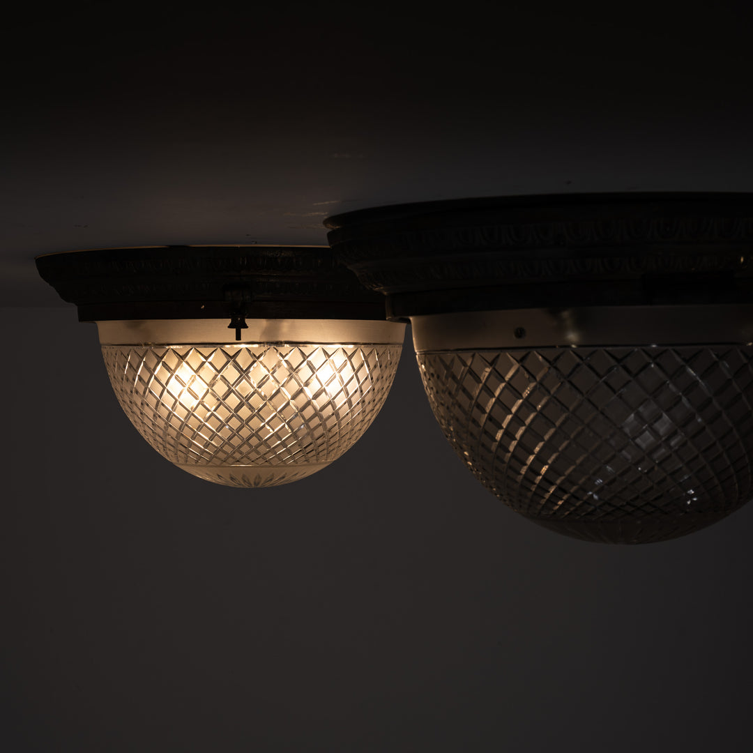 Scarce Pair of Large Scale Cast Brass Flush to Ceiling Light Fittings with Crystal Glass Bowls