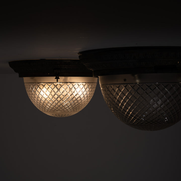 Scarce Pair of Large Scale Cast Brass Flush to Ceiling Light Fittings with Crystal Glass Bowls