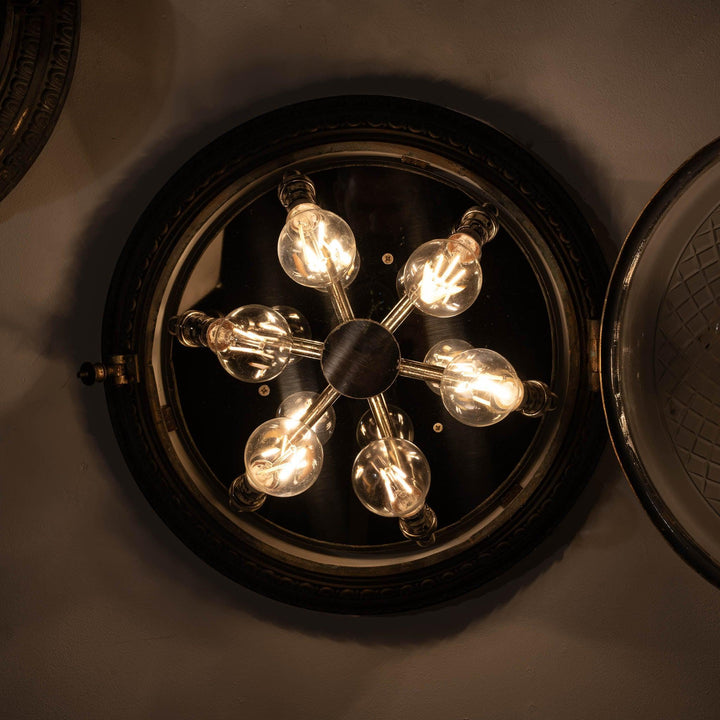 Scarce Pair of Large Scale Cast Brass Flush to Ceiling Light Fittings with Crystal Glass Bowls