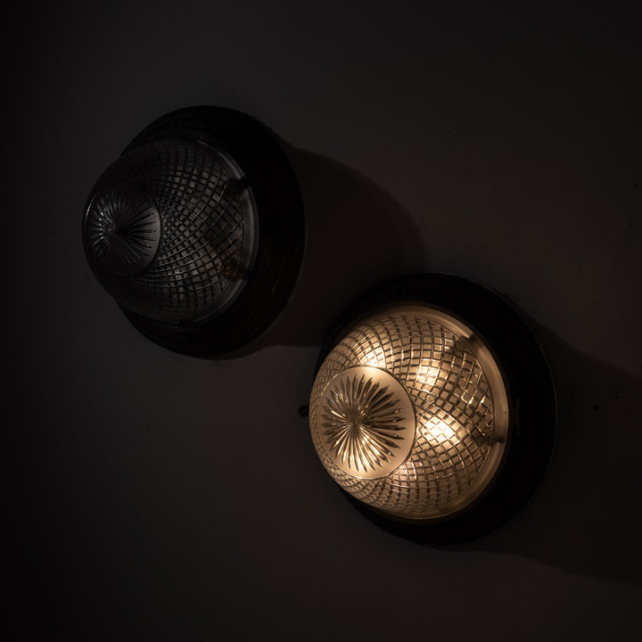 Scarce Pair of Large Scale Cast Brass Flush to Ceiling Light Fittings with Crystal Glass Bowls