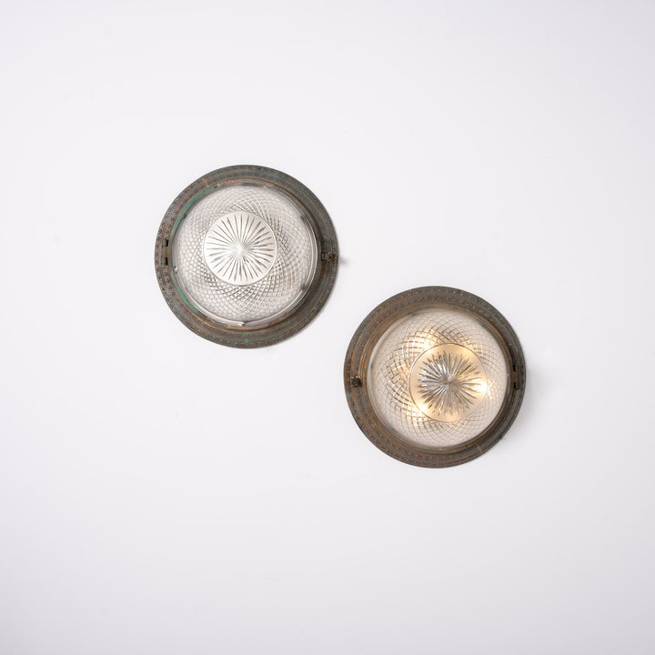 Scarce Pair of Large Scale Cast Brass Flush to Ceiling Light Fittings with Crystal Glass Bowls