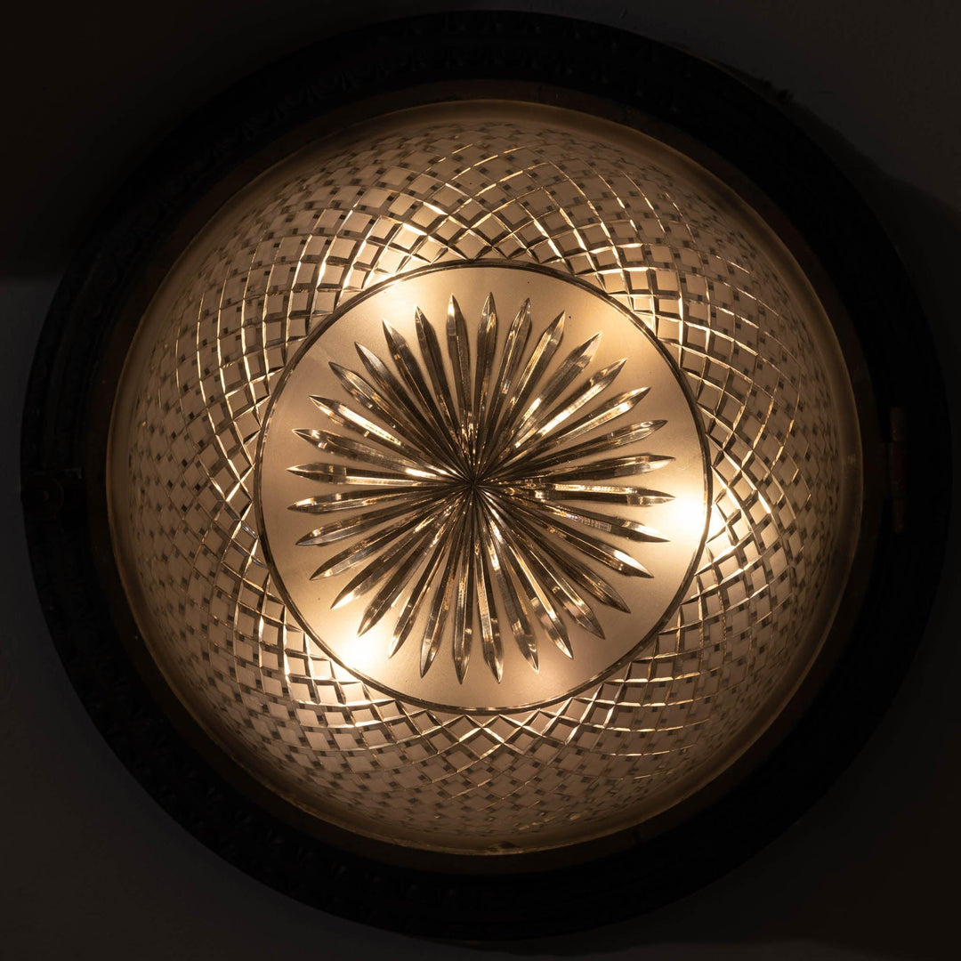 Scarce Pair of Large Scale Cast Brass Flush to Ceiling Light Fittings with Crystal Glass Bowls