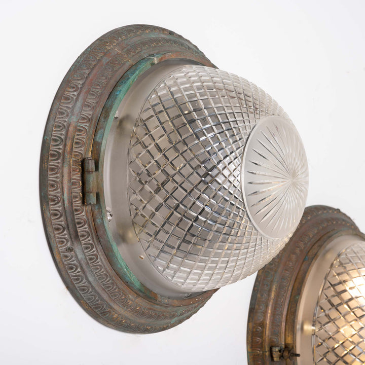 Scarce Pair of Large Scale Cast Brass Flush to Ceiling Light Fittings with Crystal Glass Bowls
