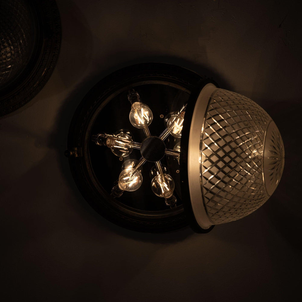 Scarce Pair of Large Scale Cast Brass Flush to Ceiling Light Fittings with Crystal Glass Bowls