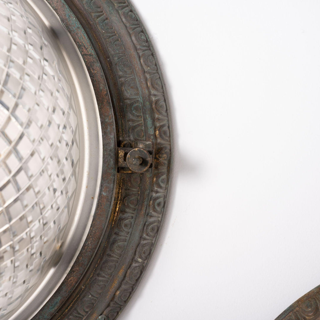 Scarce Pair of Large Scale Cast Brass Flush to Ceiling Light Fittings with Crystal Glass Bowls