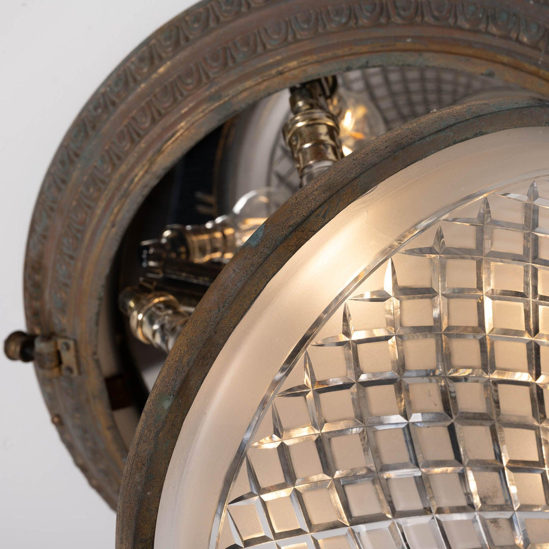 Scarce Pair of Large Scale Cast Brass Flush to Ceiling Light Fittings with Crystal Glass Bowls