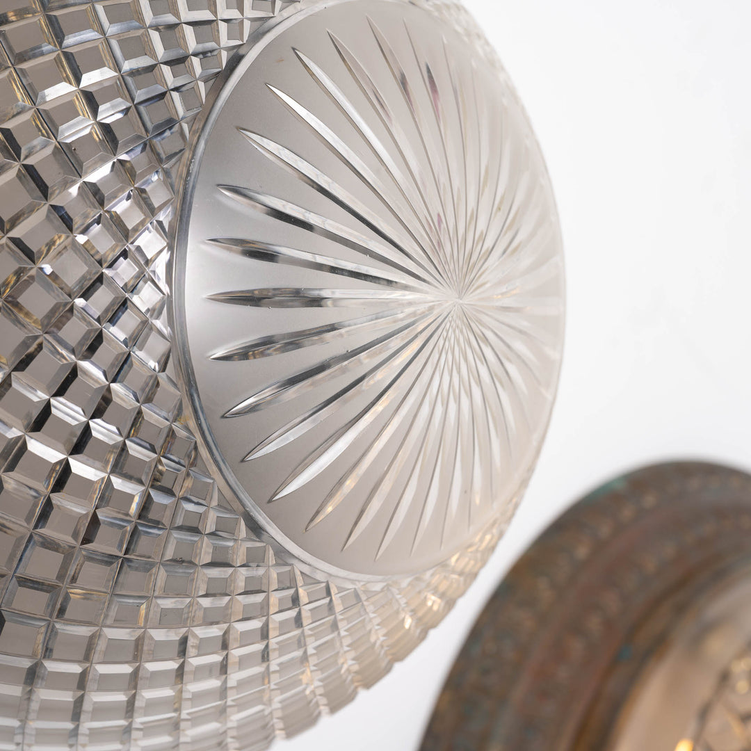 Scarce Pair of Large Scale Cast Brass Flush to Ceiling Light Fittings with Crystal Glass Bowls