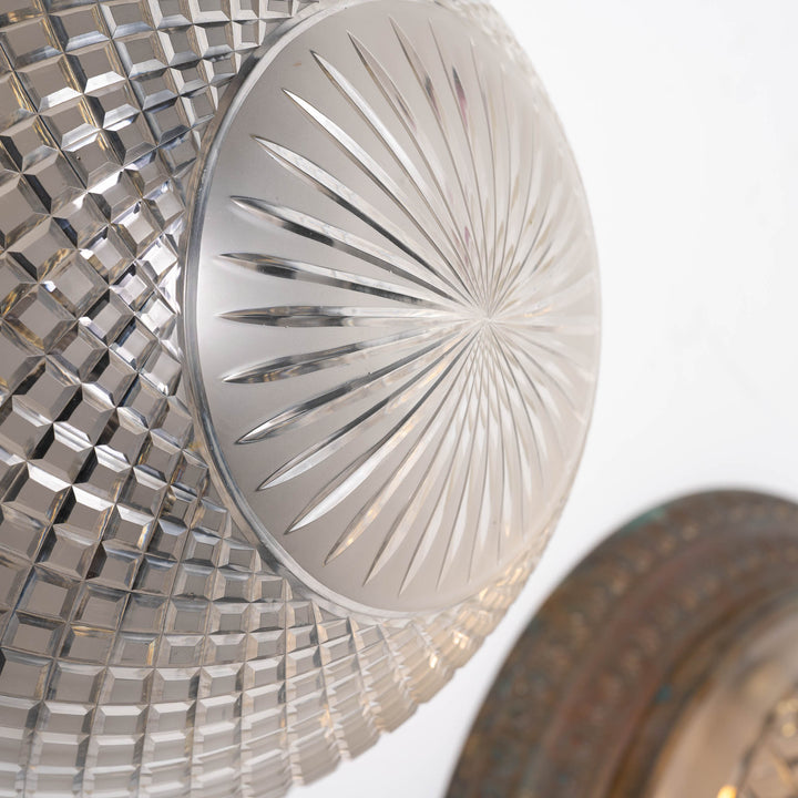 Scarce Pair of Large Scale Cast Brass Flush to Ceiling Light Fittings with Crystal Glass Bowls