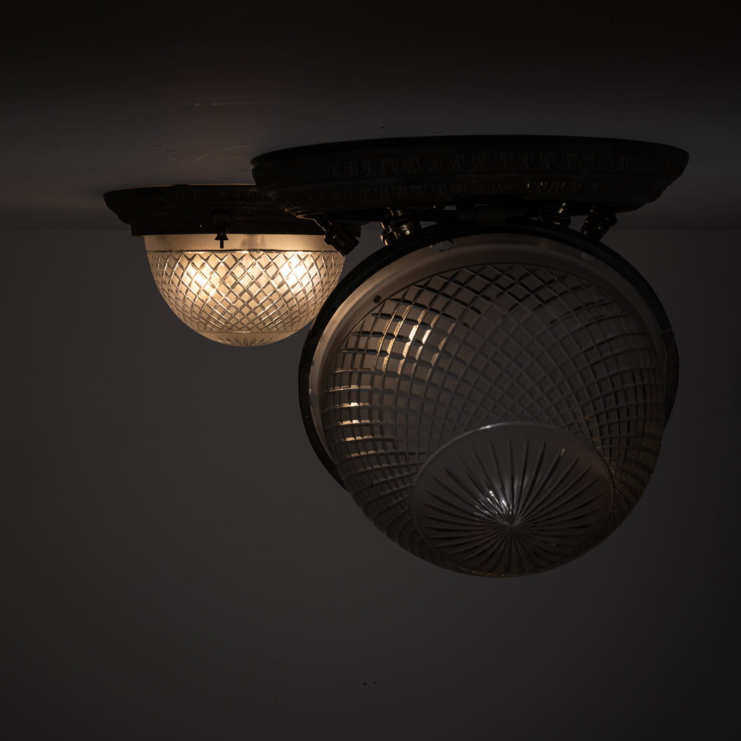 Scarce Pair of Large Scale Cast Brass Flush to Ceiling Light Fittings with Crystal Glass Bowls