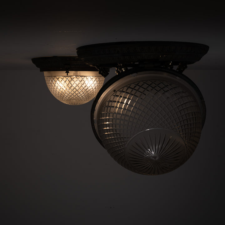 Scarce Pair of Large Scale Cast Brass Flush to Ceiling Light Fittings with Crystal Glass Bowls