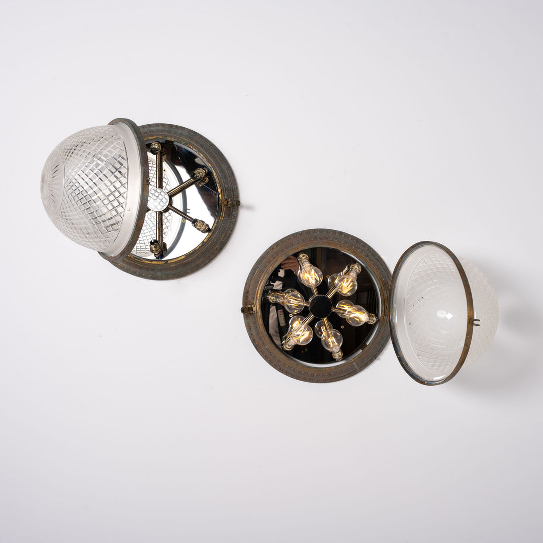 Scarce Pair of Large Scale Cast Brass Flush to Ceiling Light Fittings with Crystal Glass Bowls