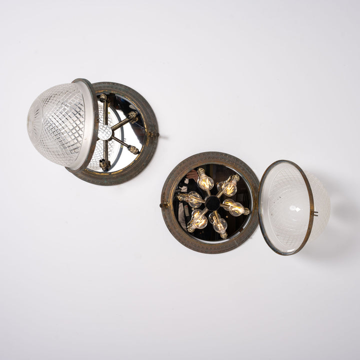 Scarce Pair of Large Scale Cast Brass Flush to Ceiling Light Fittings with Crystal Glass Bowls