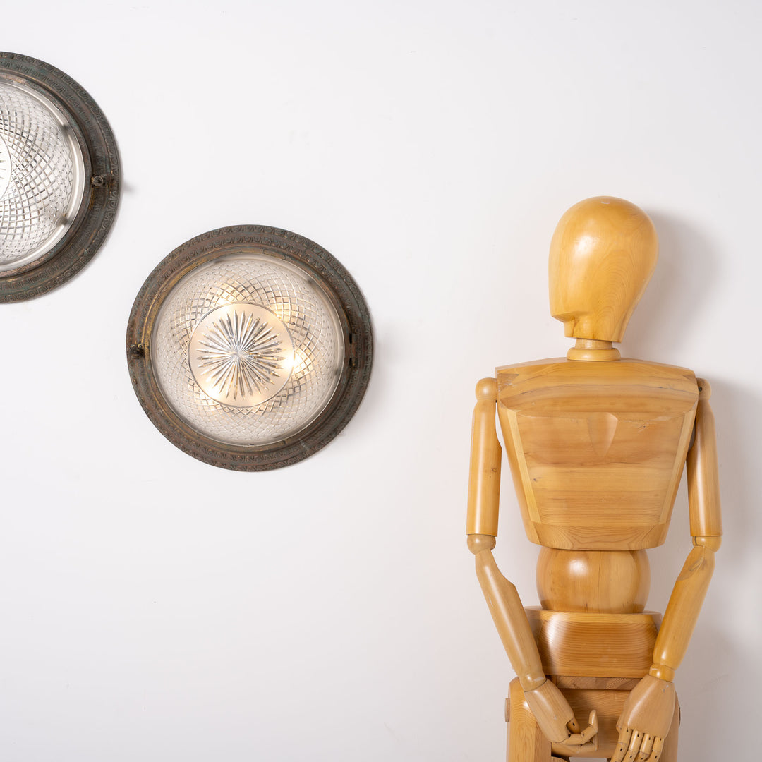 Scarce Pair of Large Scale Cast Brass Flush to Ceiling Light Fittings with Crystal Glass Bowls
