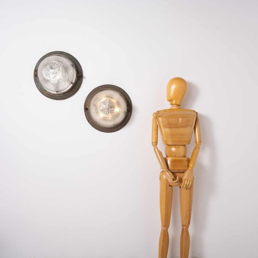 Scarce Pair of Large Scale Cast Brass Flush to Ceiling Light Fittings with Crystal Glass Bowls