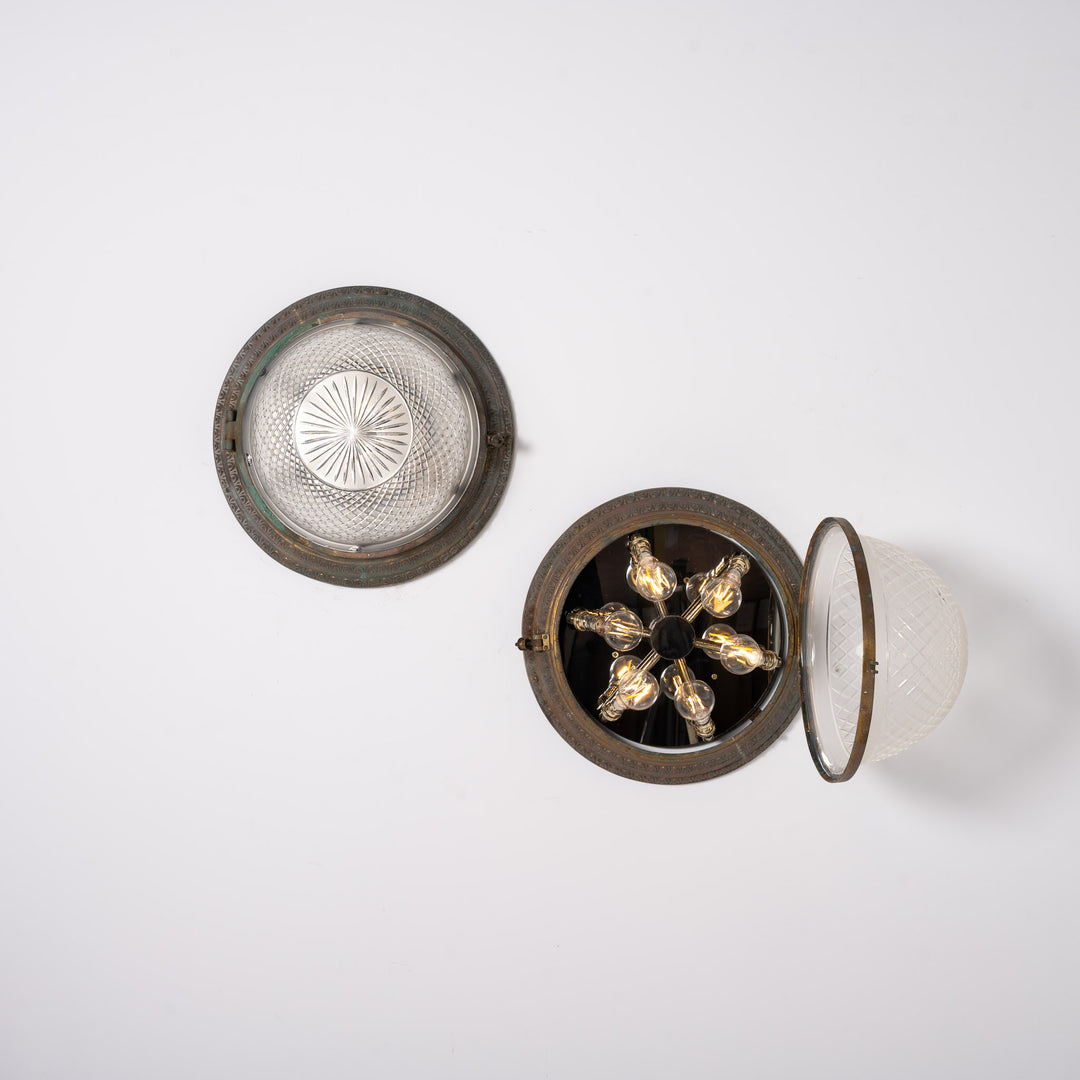 Scarce Pair of Large Scale Cast Brass Flush to Ceiling Light Fittings with Crystal Glass Bowls