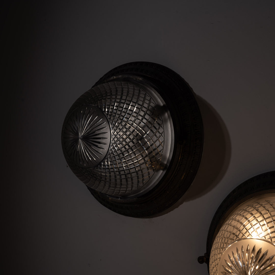 Scarce Pair of Large Scale Cast Brass Flush to Ceiling Light Fittings with Crystal Glass Bowls