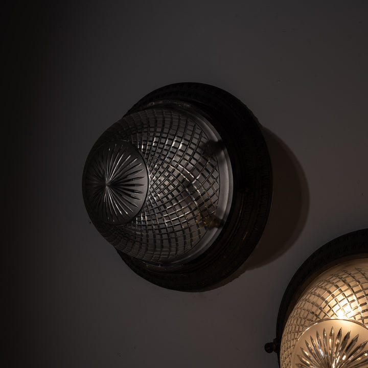 Scarce Pair of Large Scale Cast Brass Flush to Ceiling Light Fittings with Crystal Glass Bowls