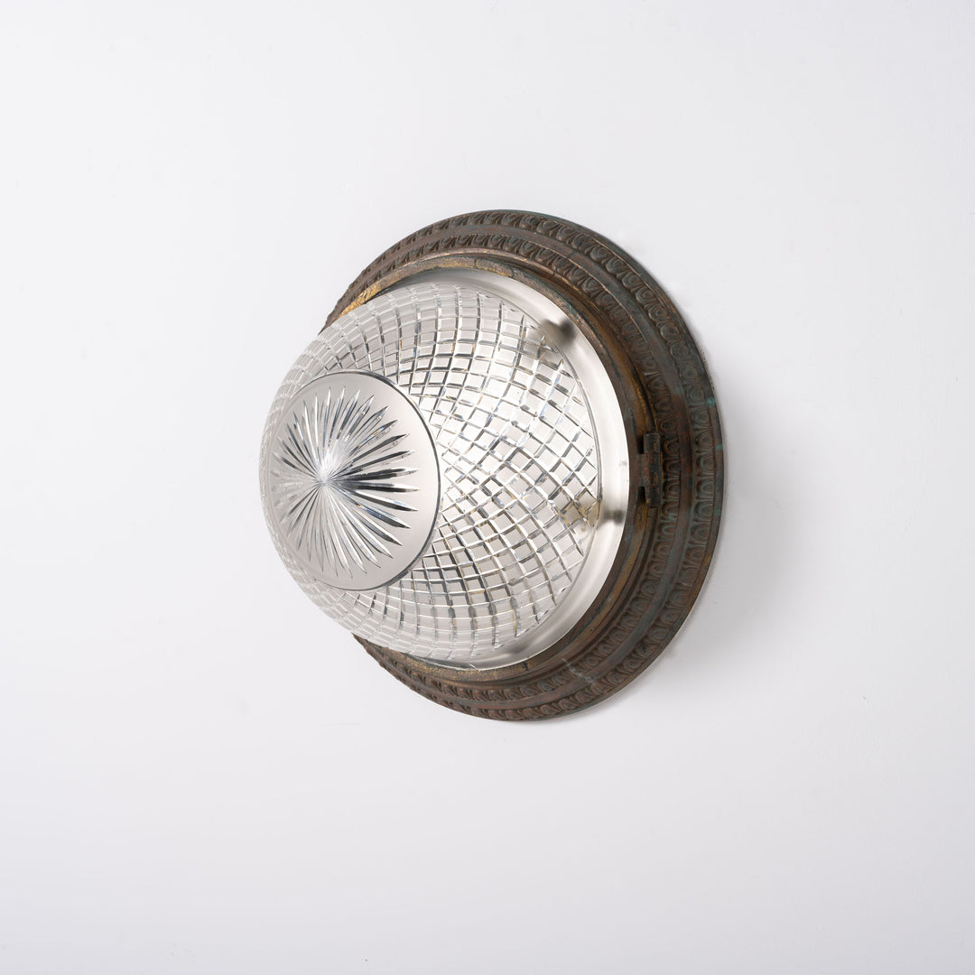 Scarce Pair of Large Scale Cast Brass Flush to Ceiling Light Fittings with Crystal Glass Bowls