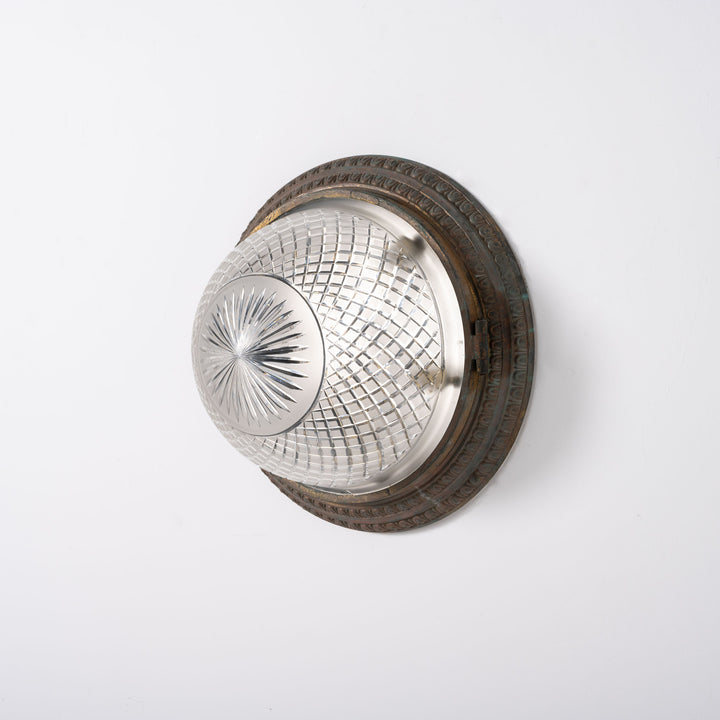 Scarce Pair of Large Scale Cast Brass Flush to Ceiling Light Fittings with Crystal Glass Bowls