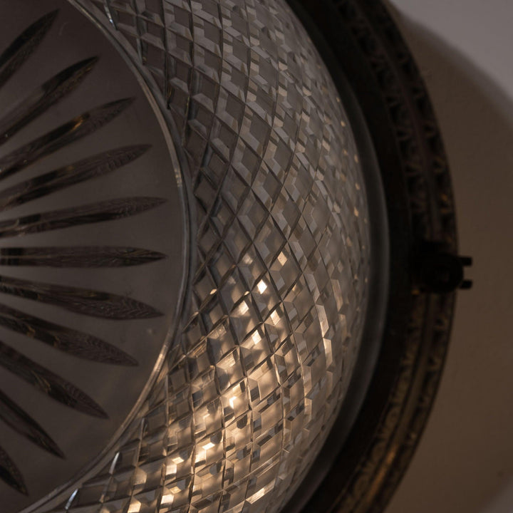 Scarce Pair of Large Scale Cast Brass Flush to Ceiling Light Fittings with Crystal Glass Bowls