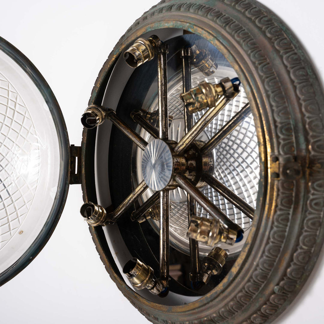 Scarce Pair of Large Scale Cast Brass Flush to Ceiling Light Fittings with Crystal Glass Bowls