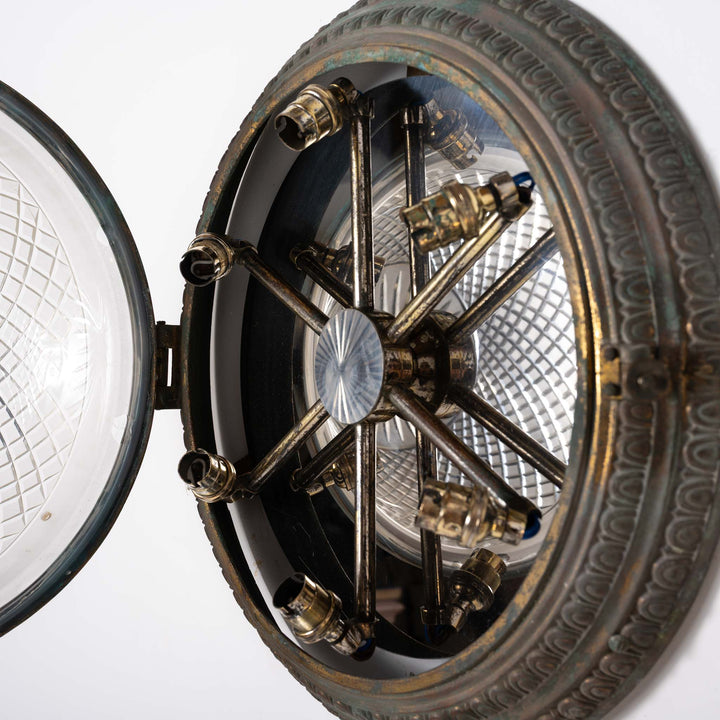 Scarce Pair of Large Scale Cast Brass Flush to Ceiling Light Fittings with Crystal Glass Bowls