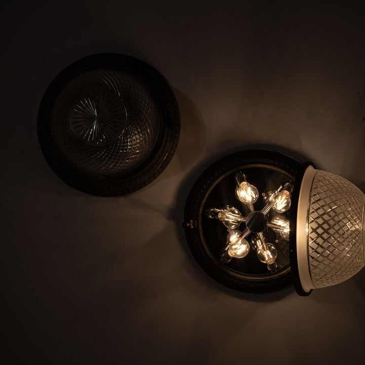 Scarce Pair of Large Scale Cast Brass Flush to Ceiling Light Fittings with Crystal Glass Bowls