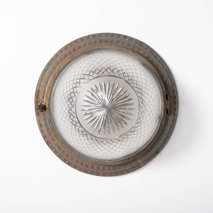 Scarce Pair of Large Scale Cast Brass Flush to Ceiling Light Fittings with Crystal Glass Bowls