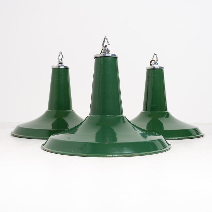 Set of Three Large Vintage Industrial Green Factory Pendants by Thorlux