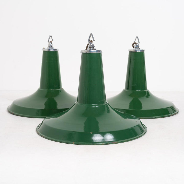 Set of Three Large Vintage Industrial Green Factory Pendants by Thorlux